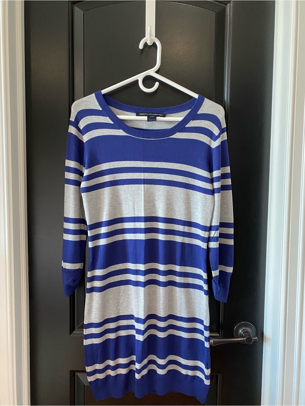 French Connection Blue and Gray Striped Crewneck Sweater Dress